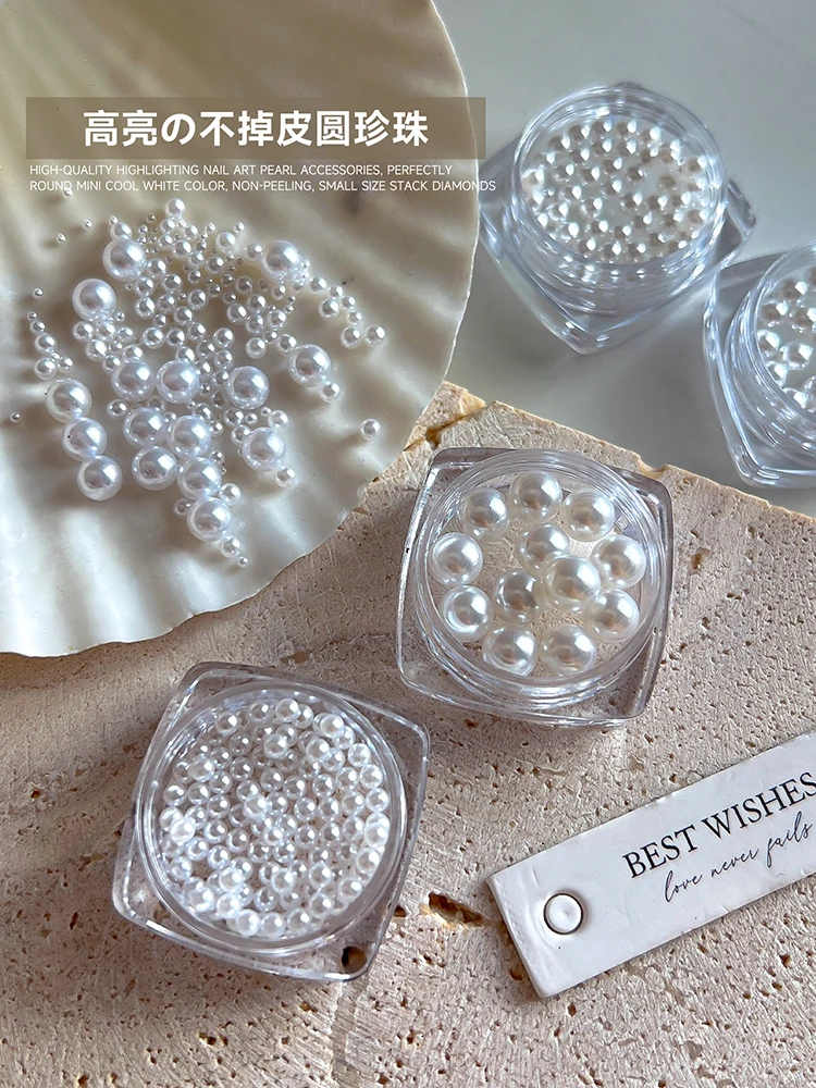 evidenziando accessori per perle per nail art di alta qualità, mini colore bianco freddo rotondo perfettamente, di piccole dimensioni non sbucciate