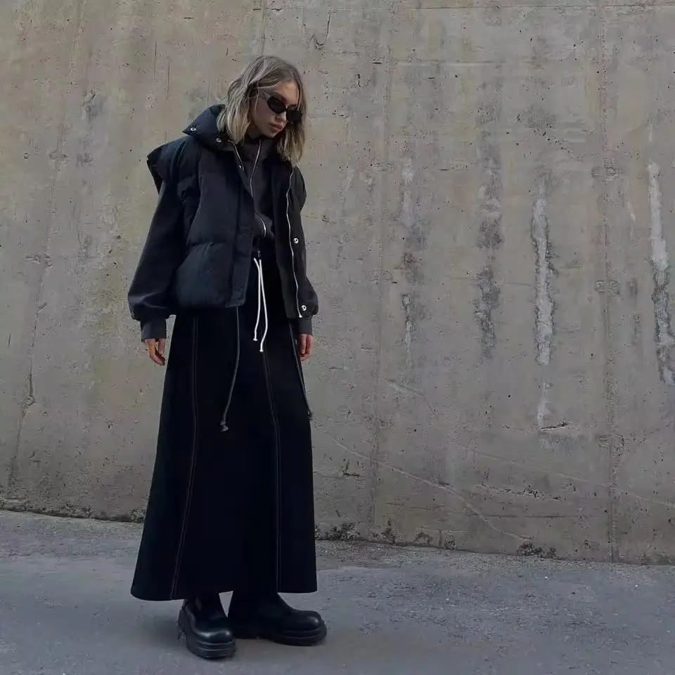 Women Skirt High Waist Drawstring Long Skirts A Line Knit Spliced Casual Outwear Elegant Lady Office Lady Regular Autumn
