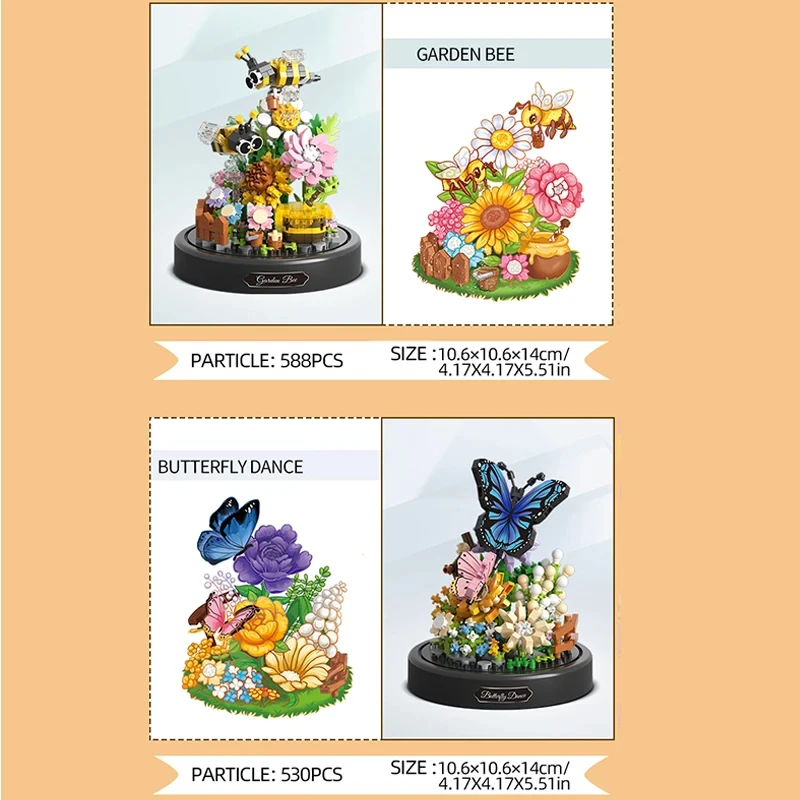 Bee Butterfly Flower Bonsai Building Blocks Insect Plant Potted Model Bricks With Dust Cover Teenagers\' DIY Toy Holiday Gifts