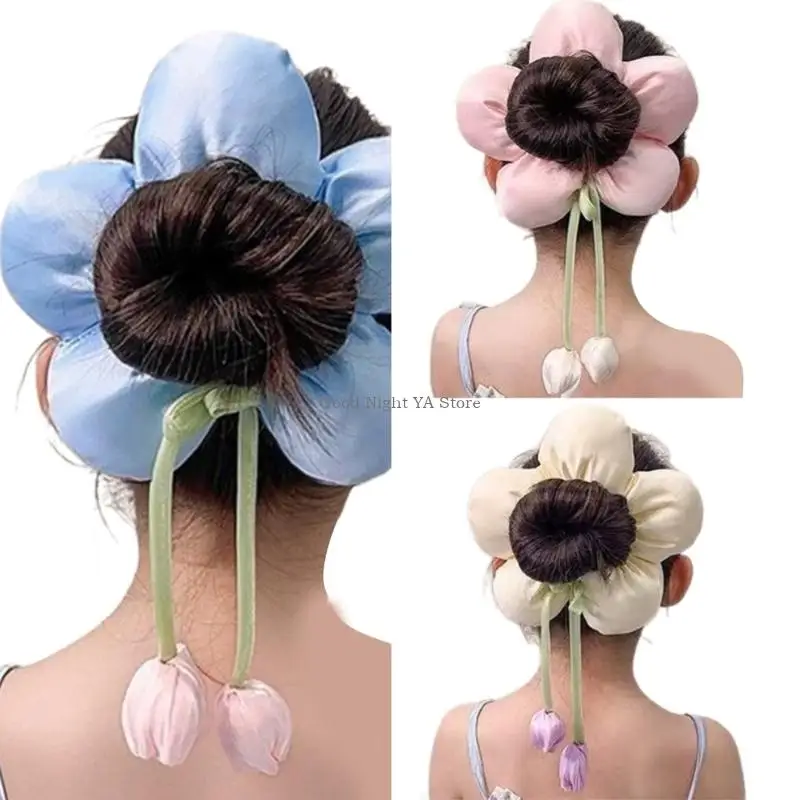 Elástico flor cabelo scrunchie para crianças meninas elástico tecido arcos rabo cavalo titular laço cabelo suave para o