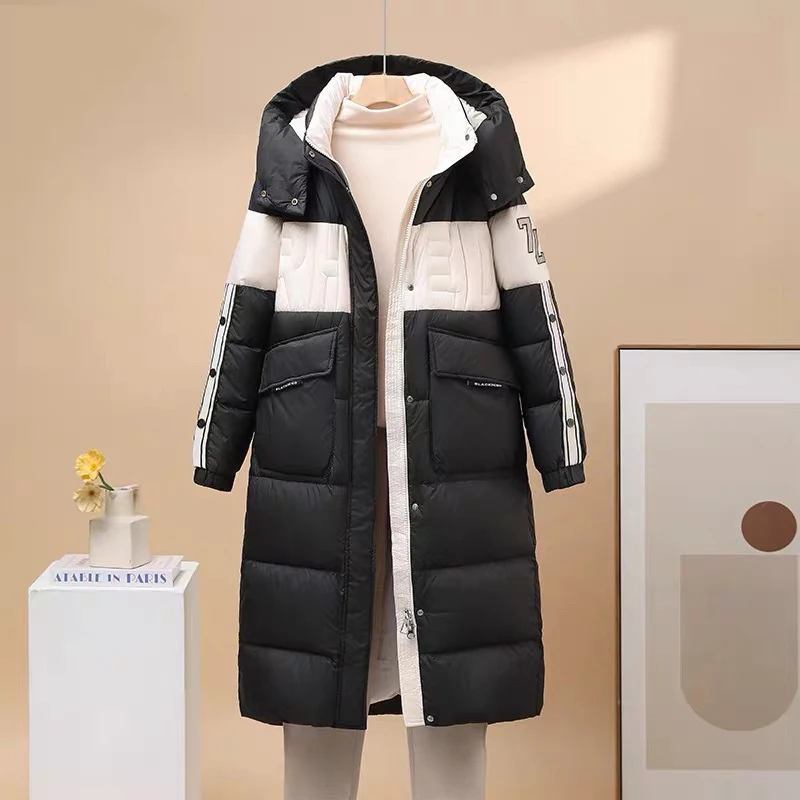 Inverno longo com capuz retalhos para baixo jaqueta feminina pato branco para baixo na altura do joelho jaquetas femininas grande bolso quente parker outwears