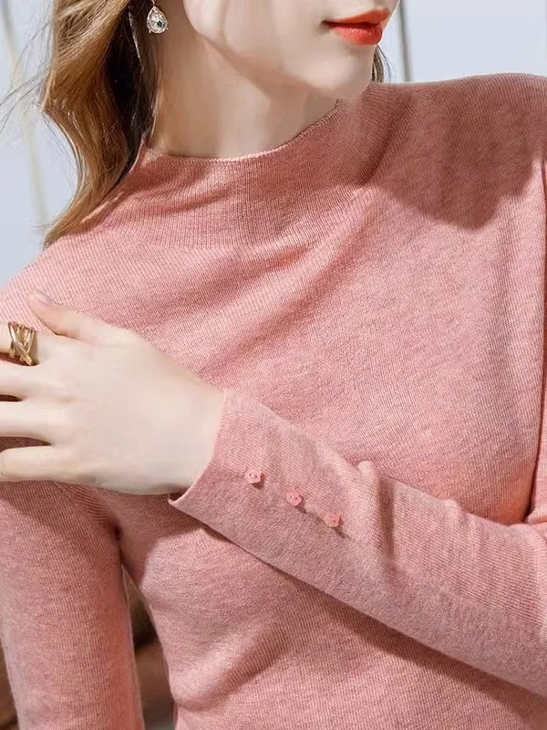 

Розовый шерстяной вязаный свитер с высоким воротником для женщин, приталенный, базовый слой, осенне-зимний, для повседневной носки, в корейском стиле, прямой крой