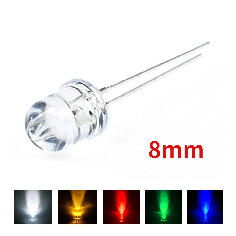 10/20PCS 8mm LED Diode F8 Round Transparent Light Emitting Diodes White Red Yellow Blue Green for Electronic Kit