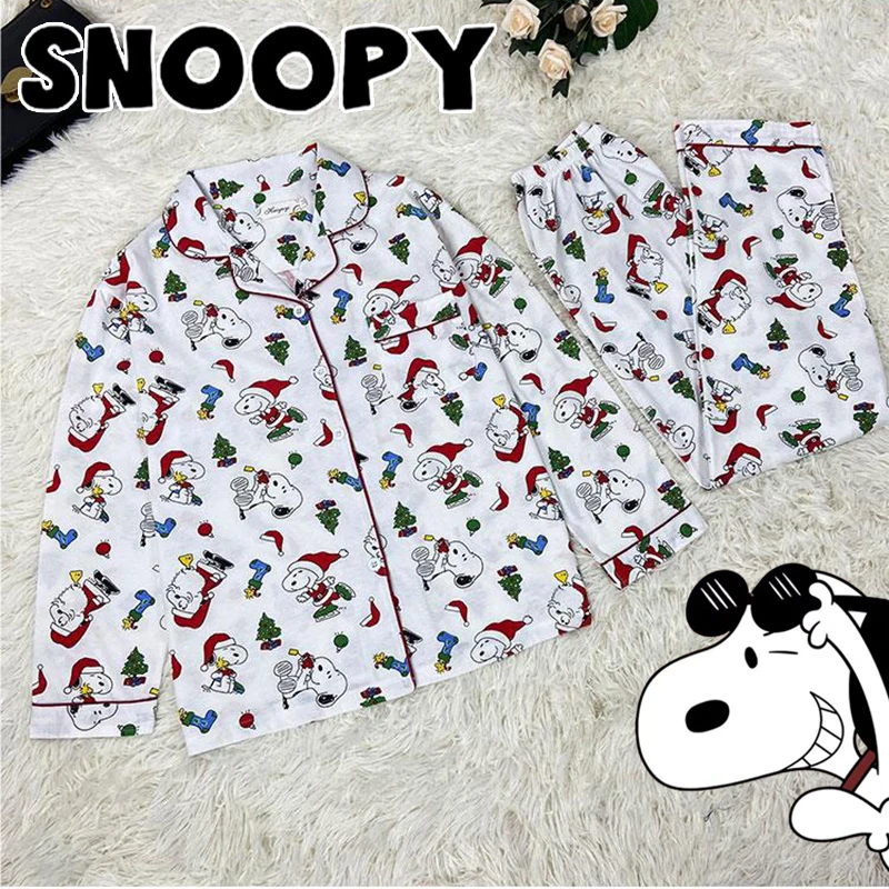 Snoopy Pajama Set Autumn Long Sleeve Pants Suit Cartoon Sleepwear Collar Cardigan Pyjamas Women Cute Nightgown Xmas Homewear