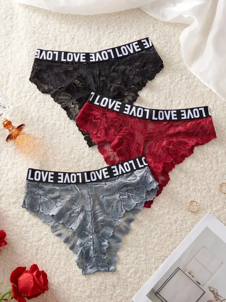 

3pcs Women Lace Panties With Letter Waistband Comfortable Briefs
