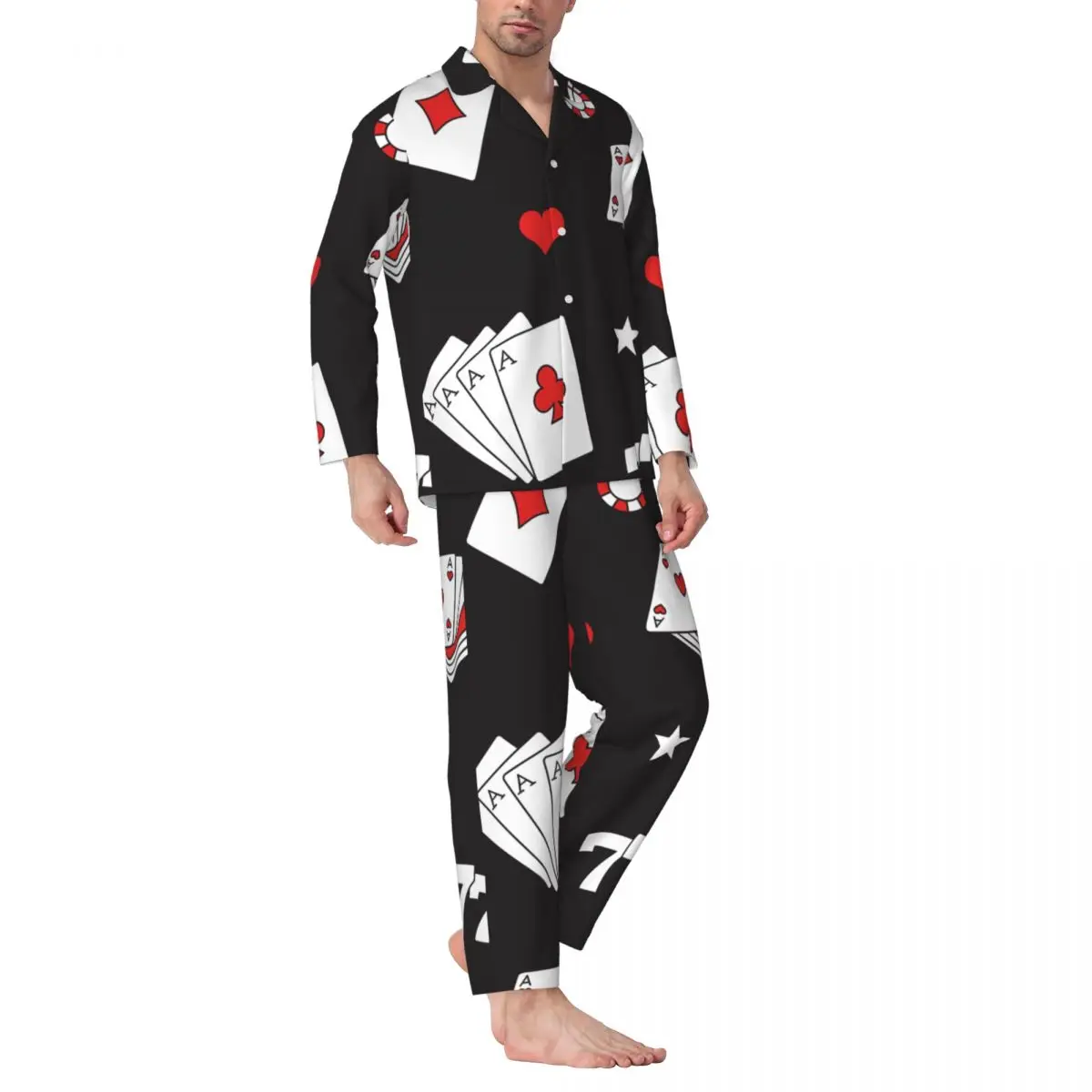 Conjunto de pijamas para hombre de Otoño Invierno de manga larga con iconos de juego, tarjetas, ropa de casa, ropa de dormir, 2 unids/set