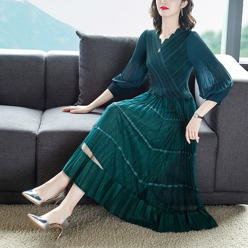 2023 New Fashionable Silk Dress Women\'s Autumn Retro Pleated Bottom Skirt French Loose Tight Casual Vacation Vestidos