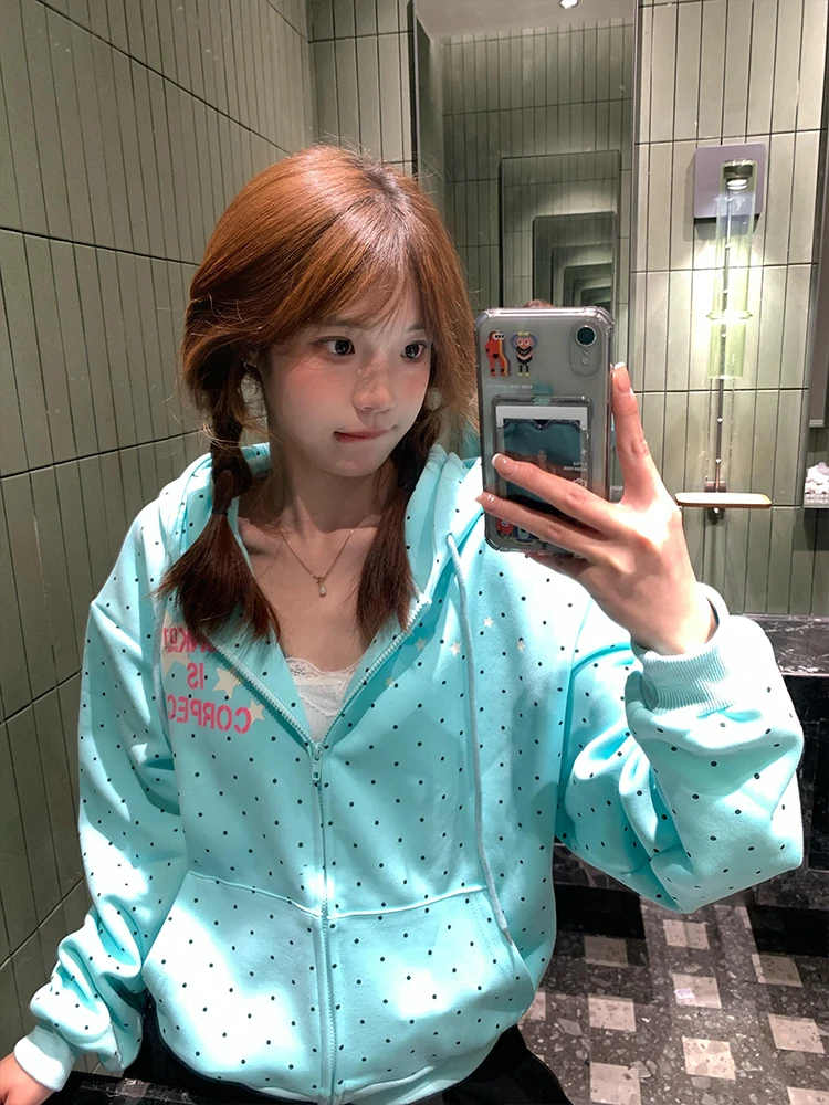 

American High Street Polka Dot Hooded Open Cardigan Sweatirt Women's Spring 2026 New Slimming Lazy Sweet Sle Casual Jaet