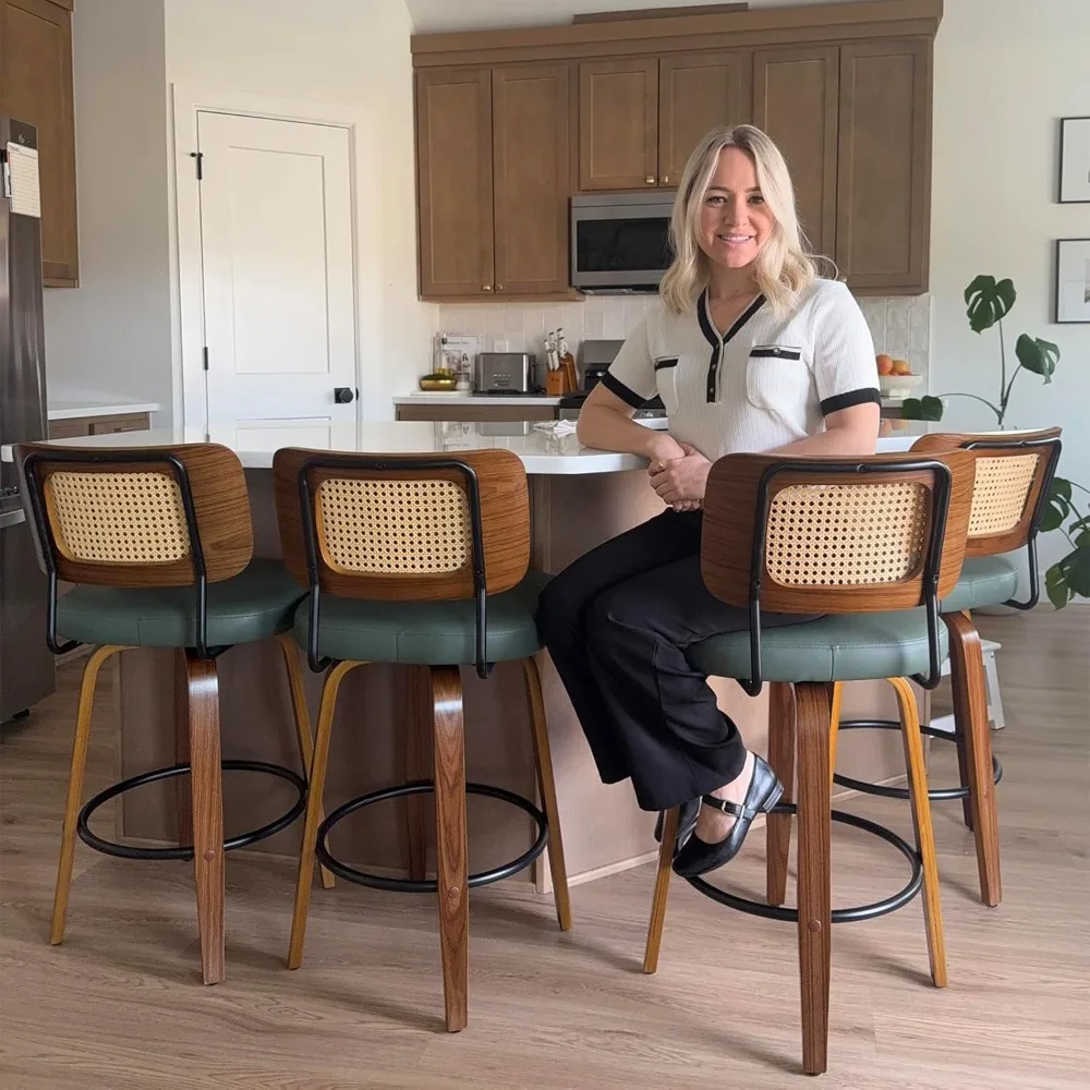Rattan Swivel Bar Stools with Walnut Craftsmanship, Curved Rattan Back, Upholstered Seat, Mid Century Modern Bar Stools