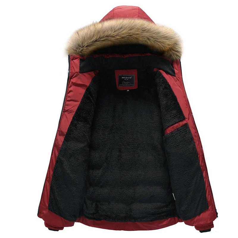 Parka impermeável com capuz masculina, casaco quente espesso, gola de pele, plus size, monocromática, inverno, roupa nova, moda