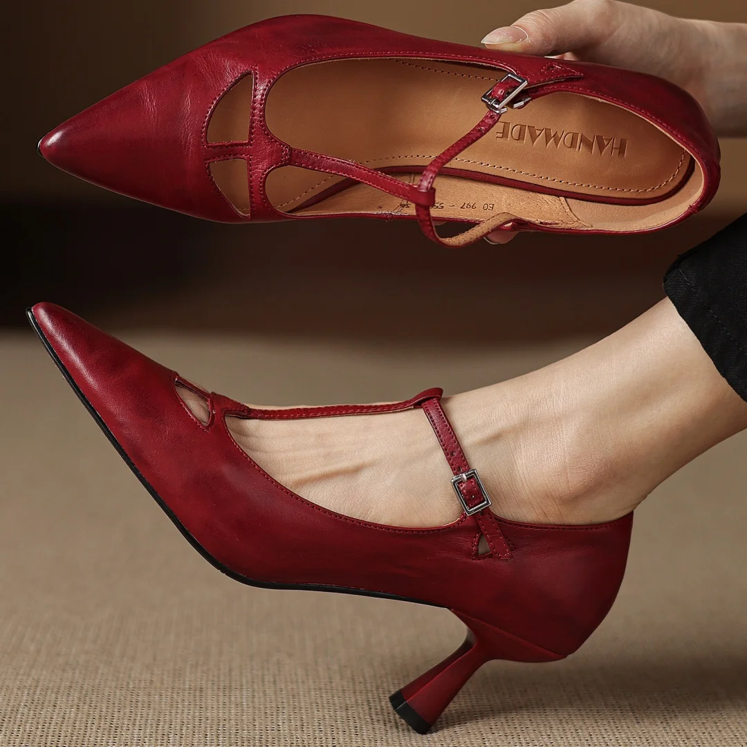 

danxuefei 2026 spring new women's cow leather narrow band t-strap slip-on pumps elegant ladies 6cm thin high heel dress shoes 40