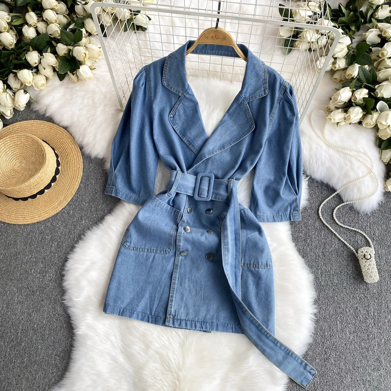 Women Summer Short Sleeve Jeans Dress Spice Girl V-Neck Double-Breasted Sashes Slimming Denim A-line Dresses