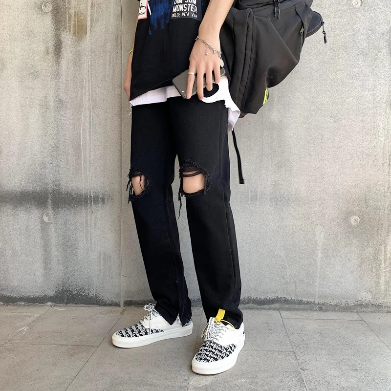 

Trendy Men's Summer Skinny Jeans Black Hole Ripped Straight Leg Thin Denim Casual Loose Fit Youthful Style Long Pants