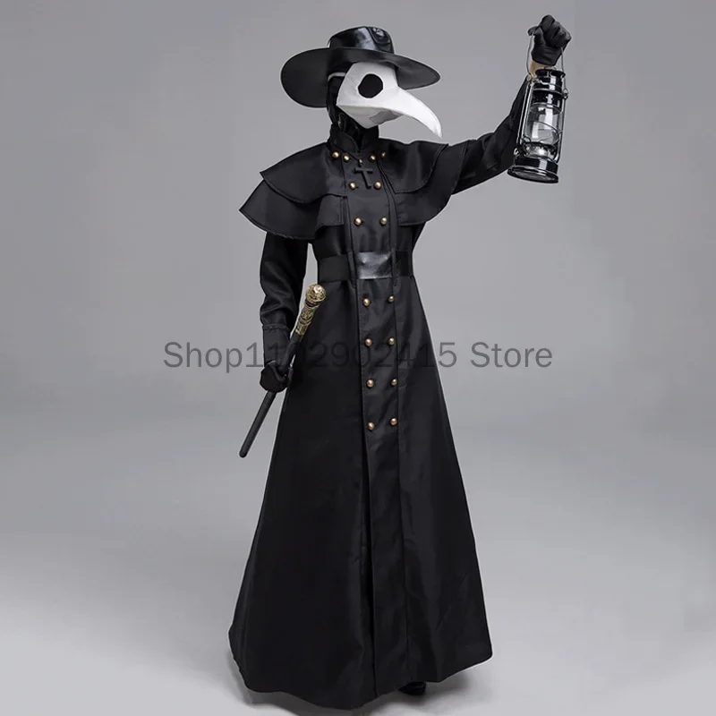 Medieval Halloween Hooded Robe Plague Doctor Costume Mask Hat for Men Monk Cosplay Steampunk Priest Horror Wizard Cloak Cape 5XL