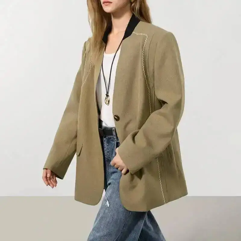 Chaqueta Blazer de Diseño Vintage BJTZ para Mujer, Primavera-Otoño 2025, Nueva, Holgada, Versátil, para Oficina, Abrigo Femenino