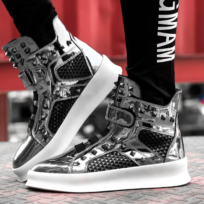 新しいスポーティースニーカー、ヒップホップスタイルのメンズシューズ、韓国のトレンディシューズ、英国リベット付きハイカットシューズ、ストリートダンススニーカー7
