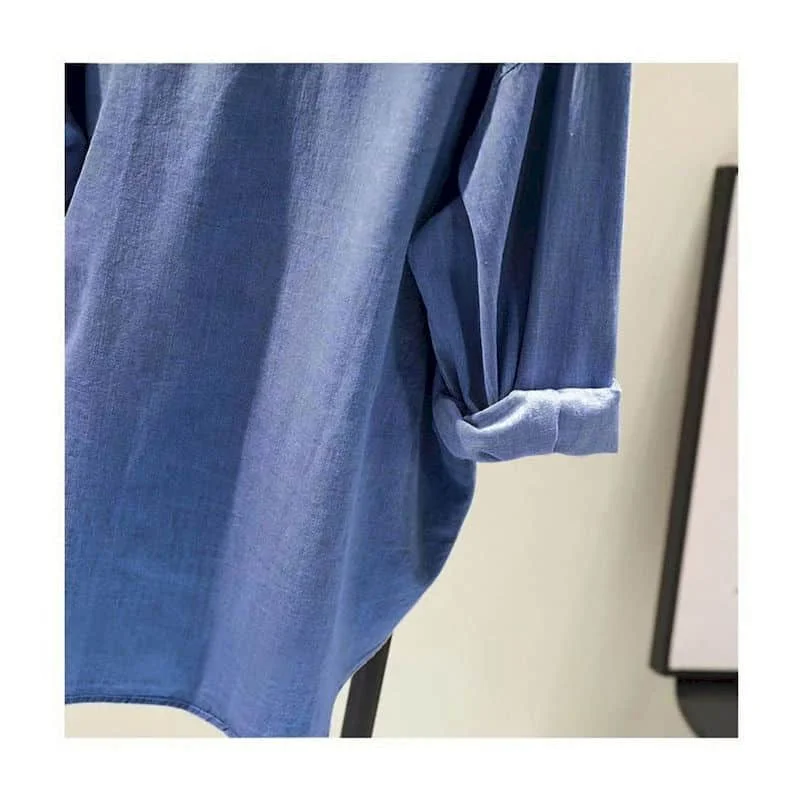 Camisas de estilo coreano para mujer, blusa de mezclilla de gran tamaño con cuello tipo Polo, manga larga, color azul liso, informal, holgada, con botonadura única