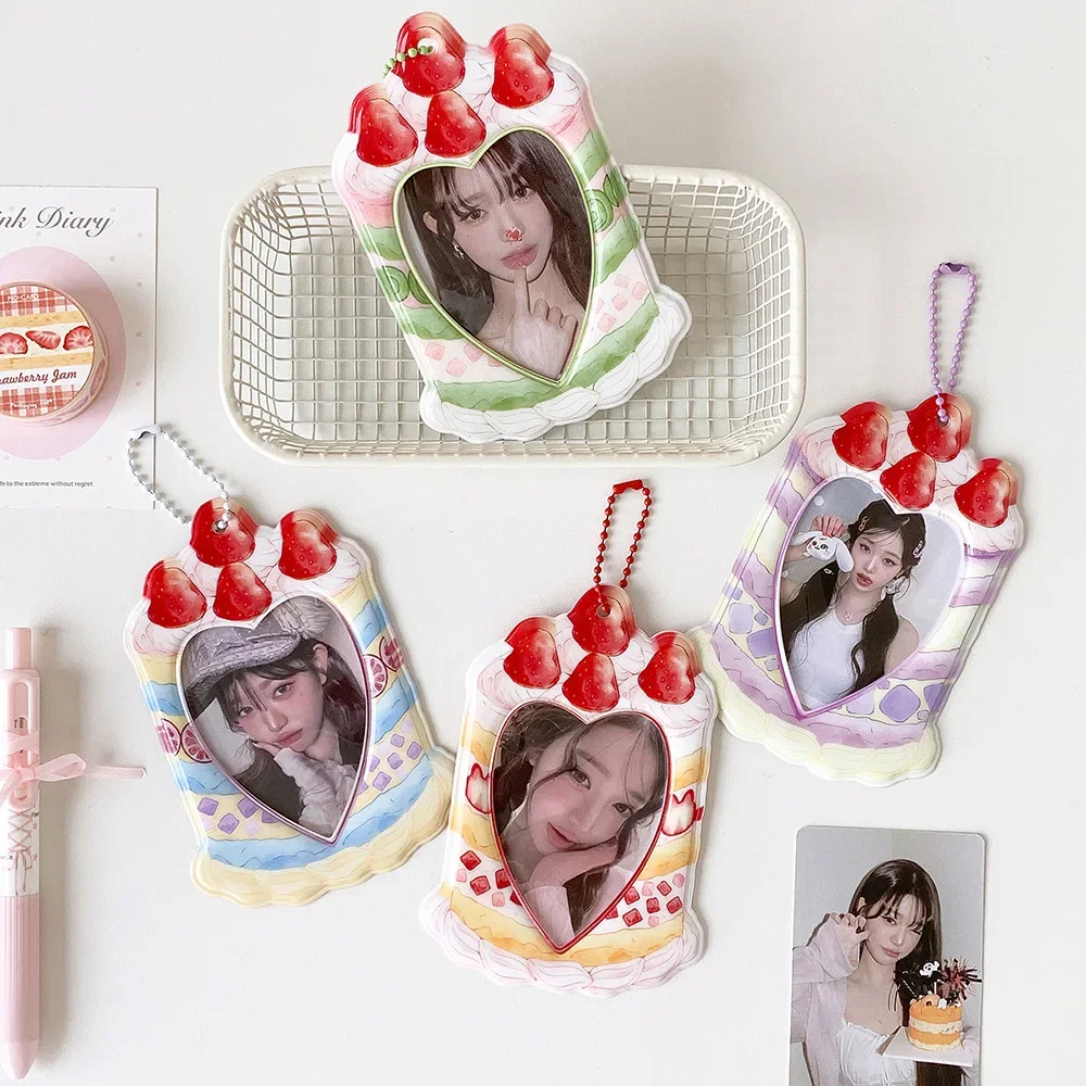 Cartoon Strawberry Cake 3 Inch Photocard Holder Keychain Cute Girls Idol Photo Storage Bag Pendant Decoration Gift