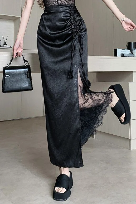 

Black Acetate Satin Skirt for Women Summer High Waist Ruched Design Lace Patchwork Slit Straight Bodycon Skirt Elegant Fashion