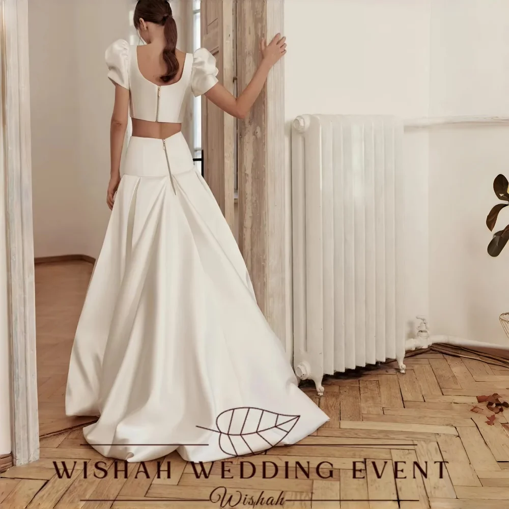 Wishah Customized Weeding Dress Elegant Two-pieces Sweetheart Puff Sleeve Zipper Pleated Bow Long Bridal Gown Vestido De Novia
