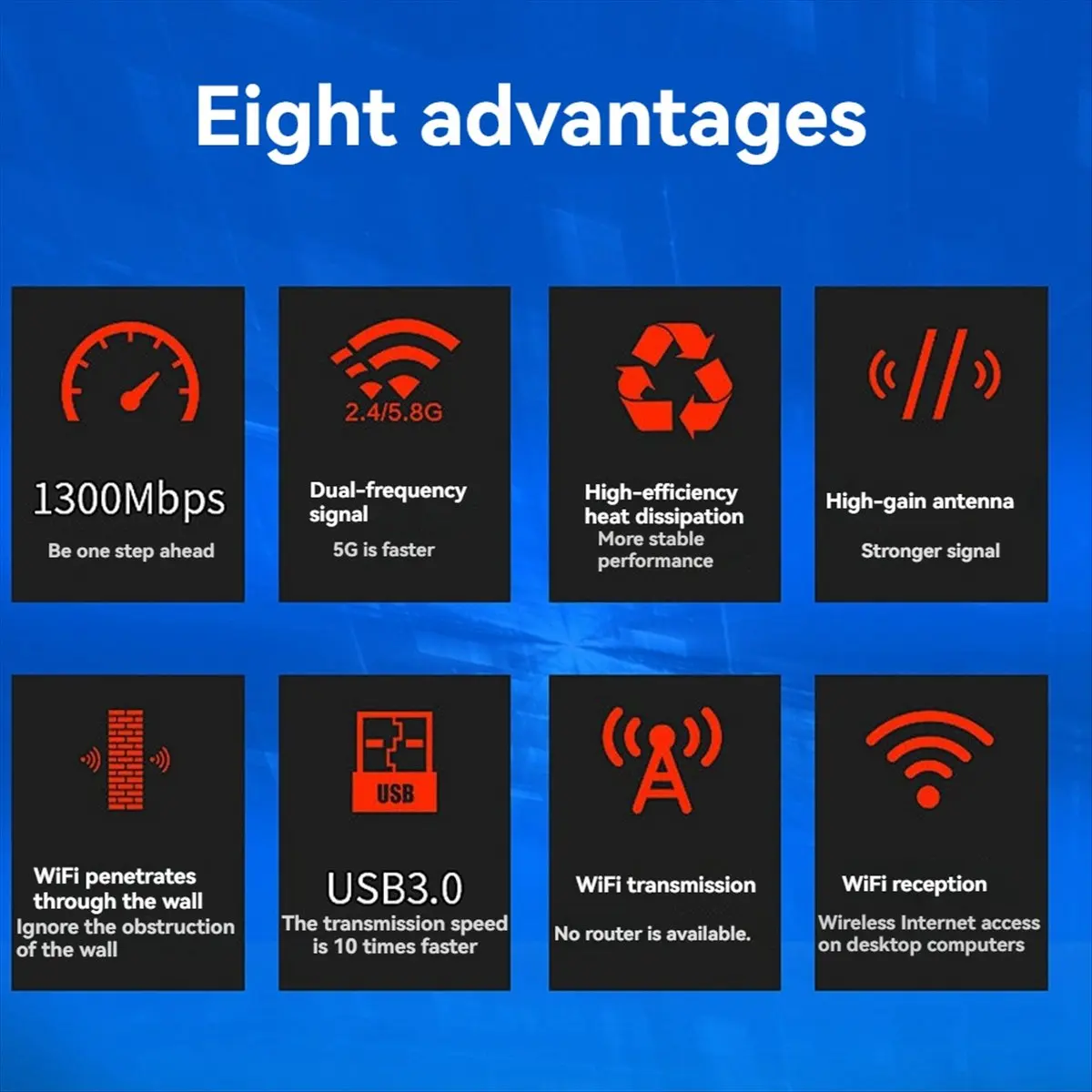 Stable- 1300Mbps USB 3.0 WiFi Adapter Wireless USB Dongle Dual Band 2.4Ghz 5Ghz with Dual Antennas for Win10/11