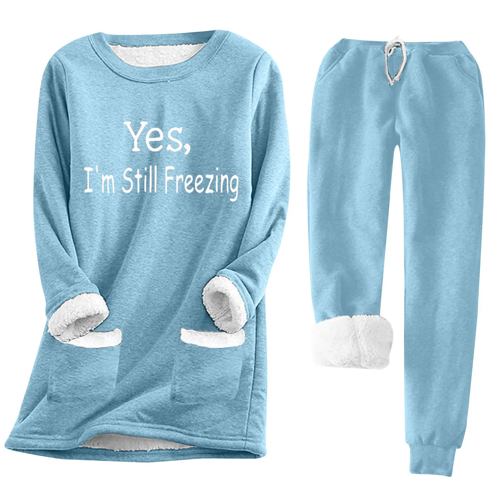 2Pcs/Set Women Autumn Winter Pajama Set O-neck Long Sleeve Sweatshirt Elastic Drawstring Waist Pockets Pants Set Fleece Lining L