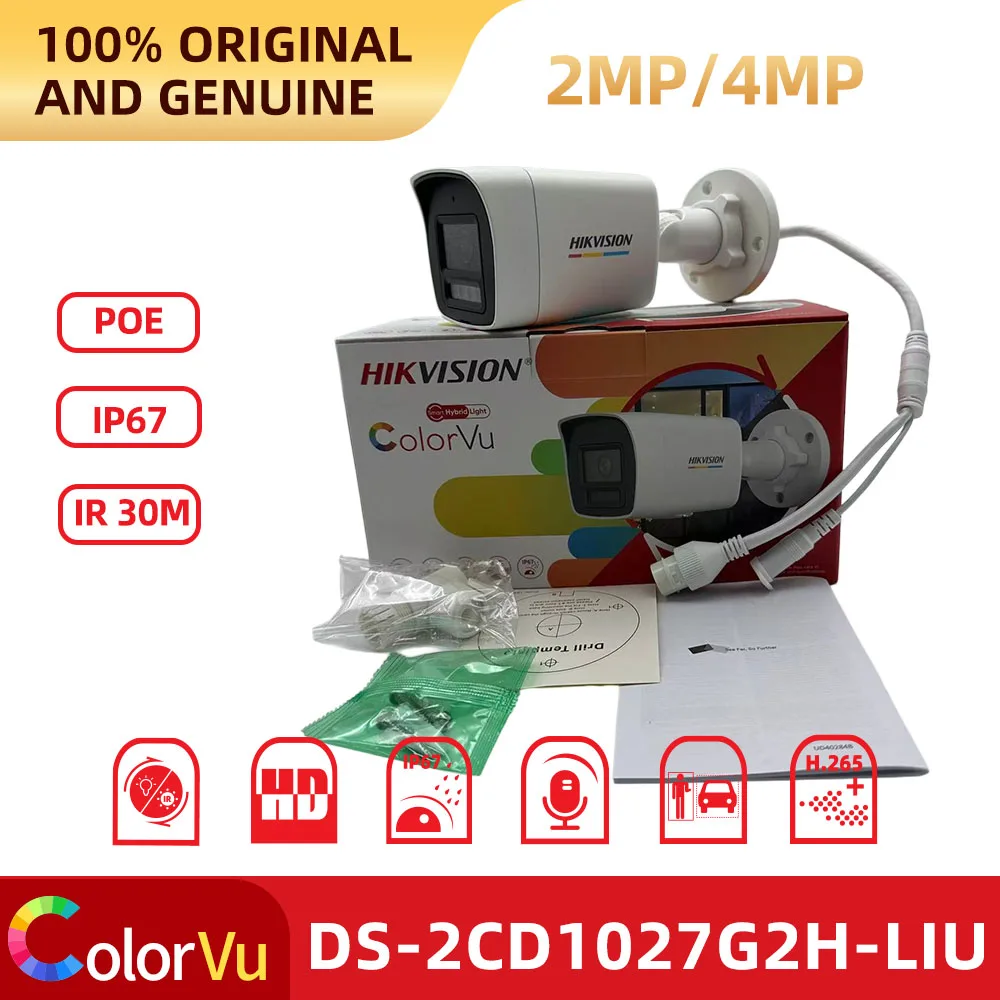Cámara IP Bullet Hikvision 2MP ColorVu DS-2CD1027G2H-LIU DS-2CD1047G2H-LIU con Luz Híbrida Inteligente, Audio, IP67, H.265+ y PoE