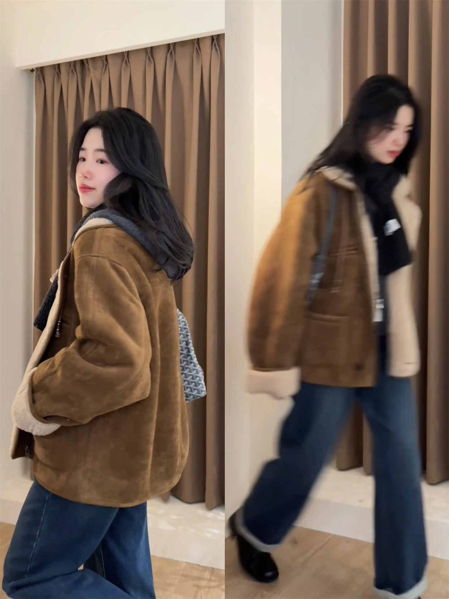 

Korean Sle Women's Thiened Warm Suede Lamb Fur Jaet Loose Fit Long Sve Coat Slimming Outerwear Winter Top