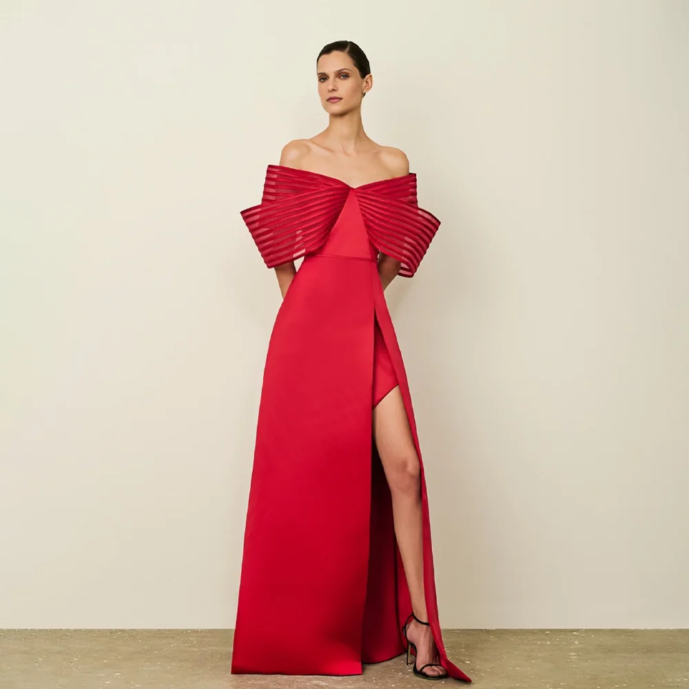 

MANRAY Red Off-The-Shoulder Prom Dress Pleated V-Neck Thigh Slit Floor Length Customized Women's Formal Party Gown