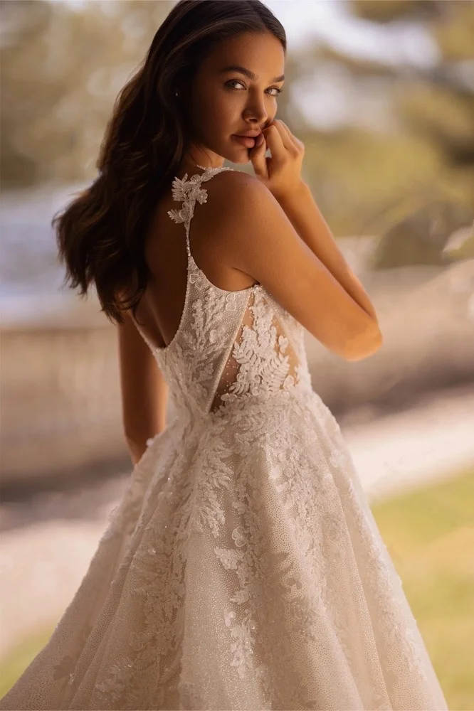 Vestidos de novia de tul con apliques y cuello en V para mujer, vestido de noche con espalda descubierta y corte acampanado, vestidos de novia personalizados