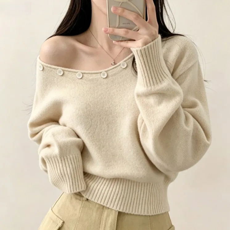 2026 New Korean Style Shoulder Bared One Shoulder Sweater Lazy Style Diagonal Shoulder Knitted Top Women's Fashion Premium Fe...