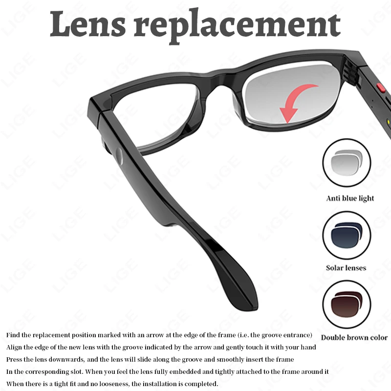 LIGE AI Smart Camera Glasses 500W HD Video Recording With Long-Lasting Battery Voice Assistant Calling Music Outdoor Sunglasses