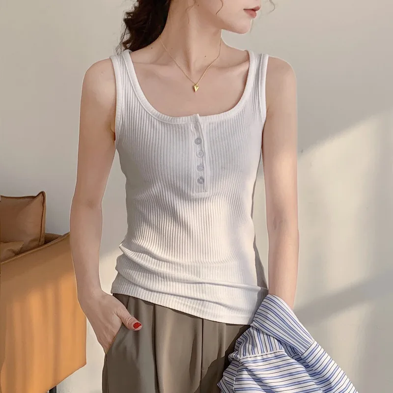高品質コットンUネックセクシーベスト レディース 2025年夏新作 ボタンアップ ノースリーブ インナー スリムフィット サスペンダー付き