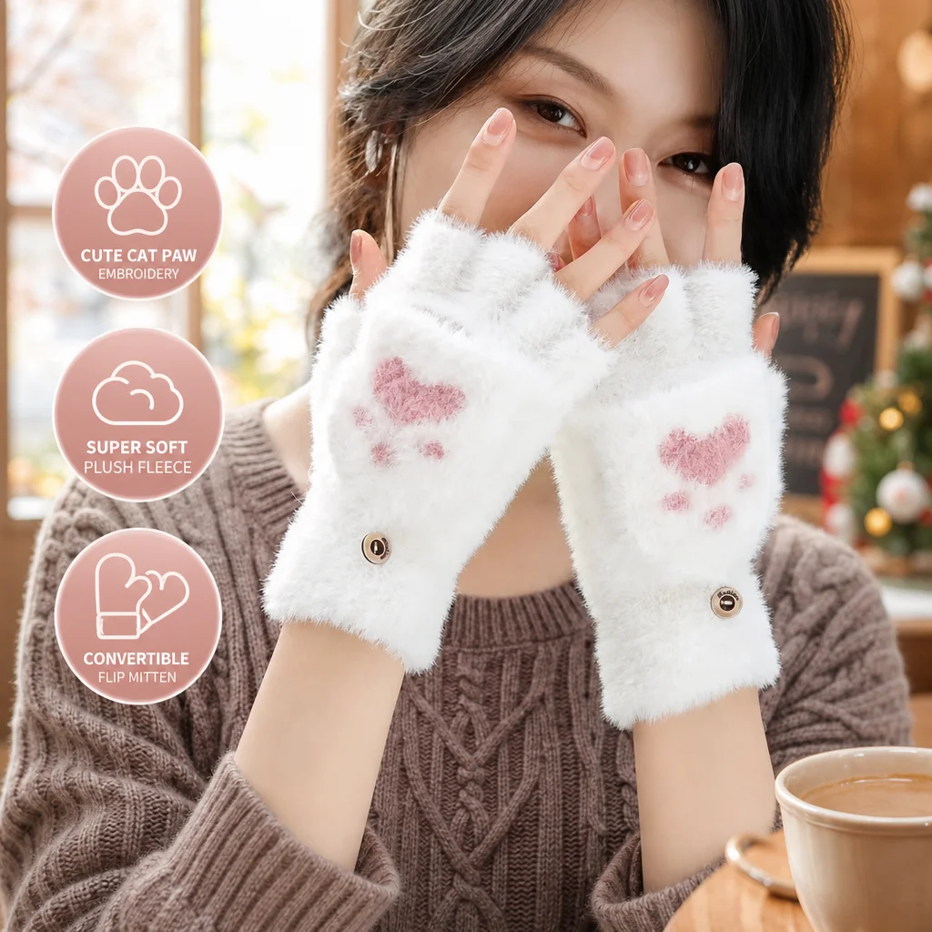 Flip Top Mittens Fluffy Plush Fingerless Gloves Warm Knitted Half Gloves Women Girls Student Typing Writing Hand Warmers