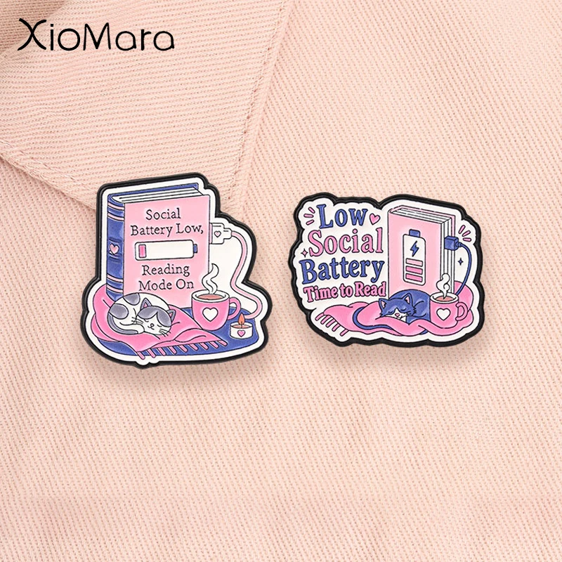 Social Battery Low Enamel Pins Reading Mode On Time To Read Cute Sleeping Cat Book Coffee Brooches Lapel Badge Jewelry Gifts