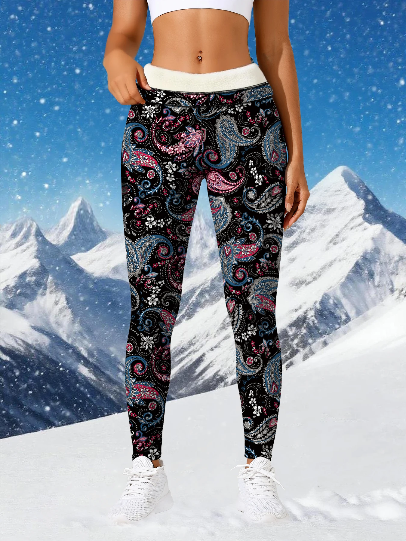 Women Fleece Lined Leg Warmers Vintage Paisley Thermal Knee Sleeves