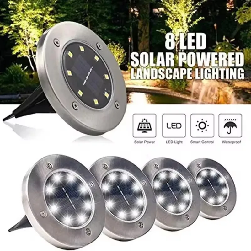 

4PCS Solar Power 8LED Stainless Steel Garden Driveway Pathway Buried Outdoor Underground Solar Ground Light Deck Landscape Light