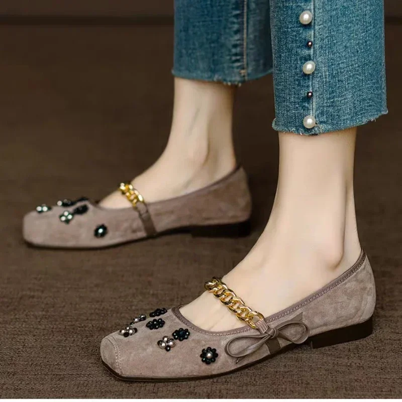 Ladies Shoes 2024 Fashion Shallow Women's Flats Hot Sale Metal Decoration The Chain Daily Flats Women New Crystal Flat Low Heels