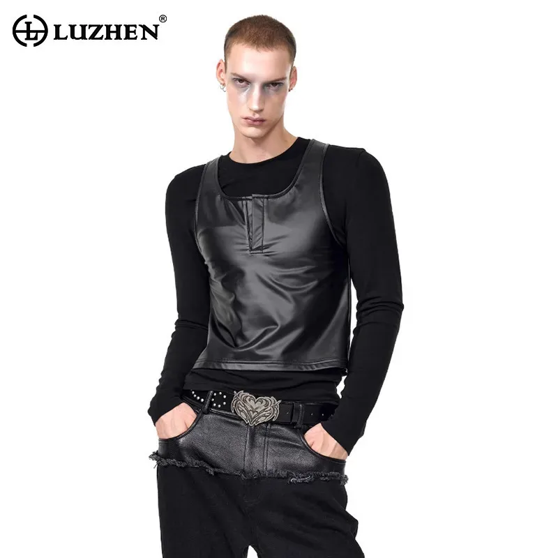 

LUZHEN Fashion Fake Two Piece Niche Design Leather Patchwork Original Long Sleeve T-shirts Men's 2025 Autumn Casual Tops JY3847
