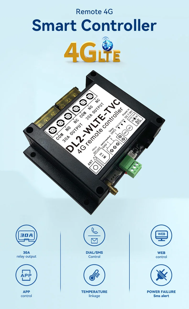 Smart Controller 4G LTE DL2-WLTE-T&TVC 2 CH APP Remote Control 30A Port Relay Output Relay Switch Power Failure Alarm Optional