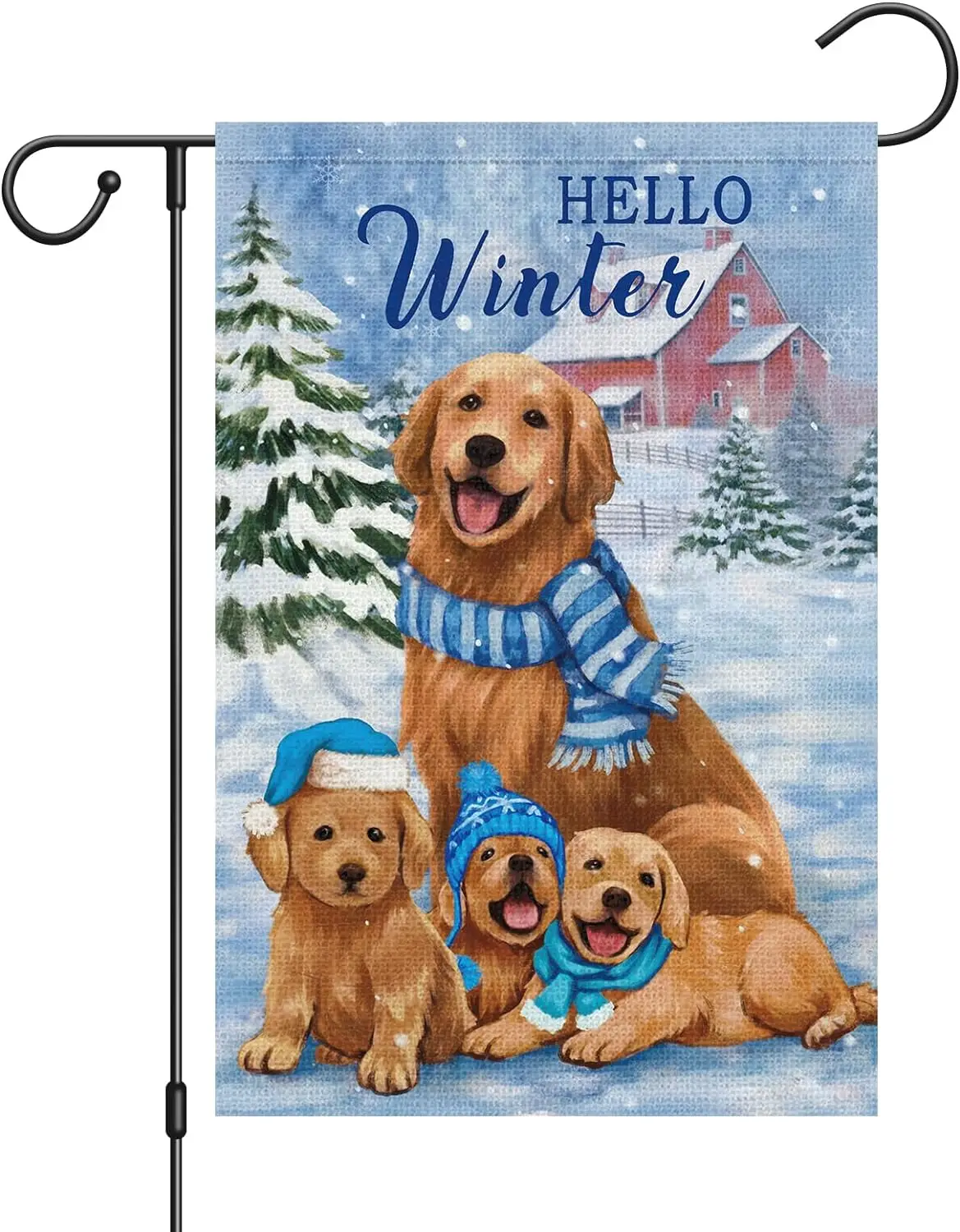 

Hello Winter Garden Flag Cute Golden Retriever Dogs Garden Flags 12x18 Double Sided Christmas Tree Yard Flags for Winter Outside