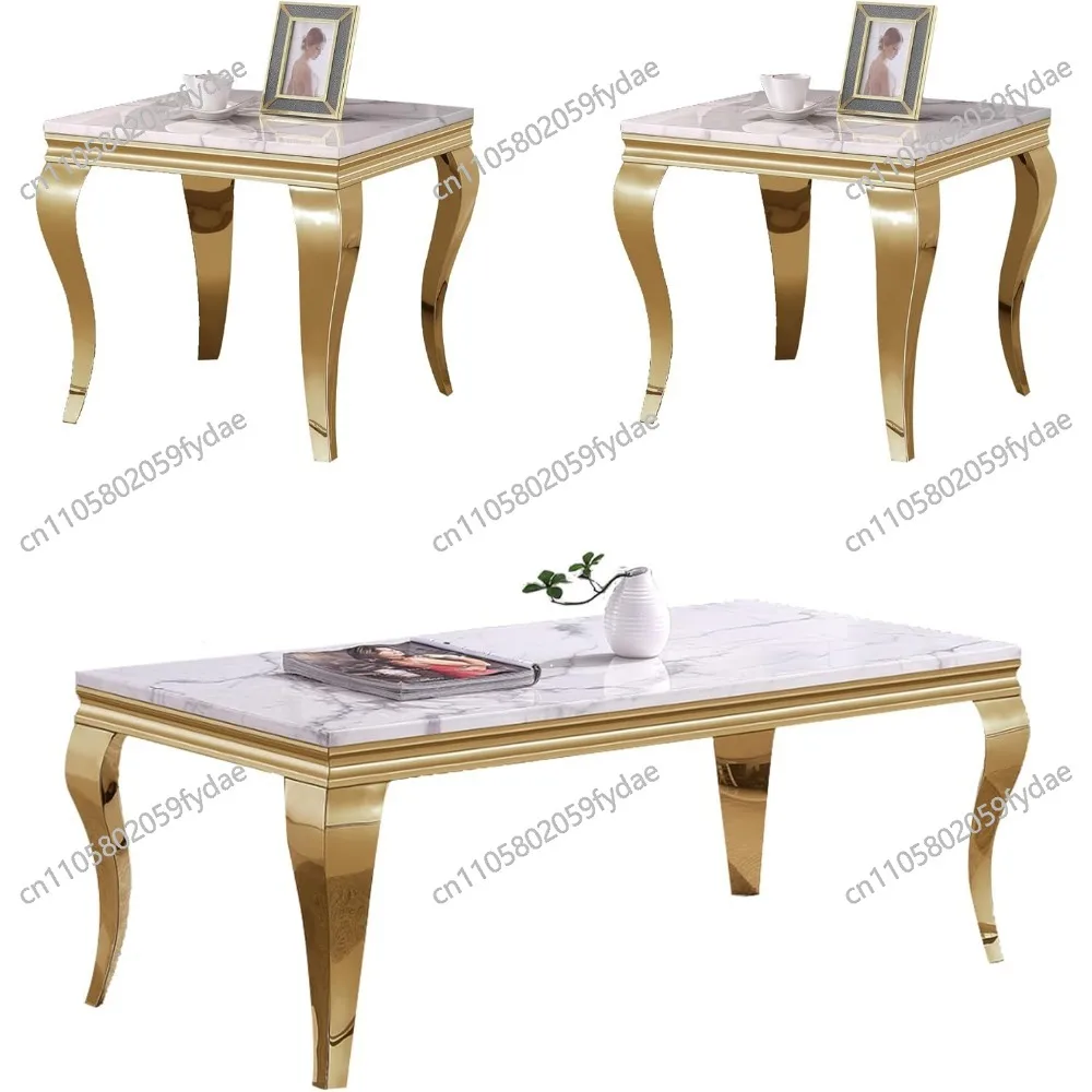 3 Pieces Living Room Table Set, Faux Marble Coffee Table with 2 End Side Tables, Stainless Steel Base Mirrored Finish for Home O