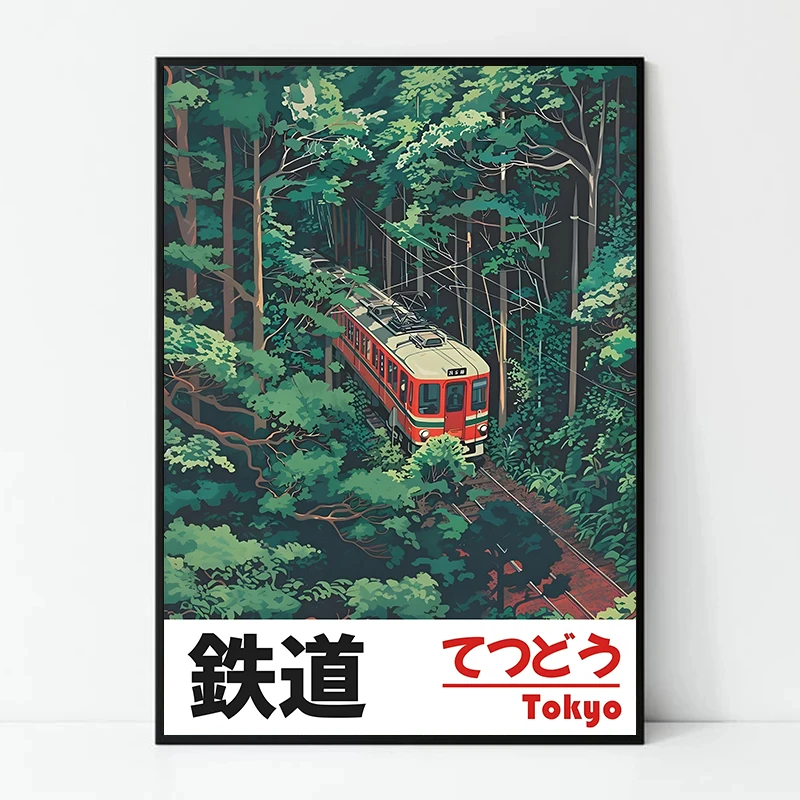 (No frame)Vintage Japanese Landscape Poster Asian Art Railway Print Canvas Painting Wall Art Picture for Modern Living Room H