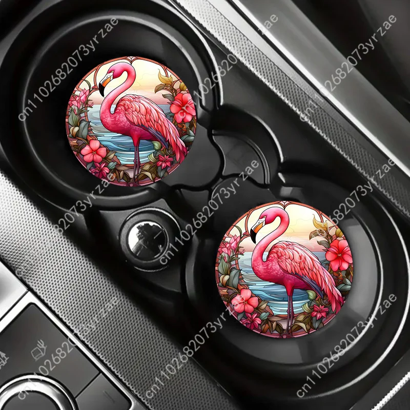 

Pink Flamingo Floral Car Coasters 2pcs Absorbent Anti Slip Car Coasters Scalding Waterproof Easy Clean Car Interior Accessories