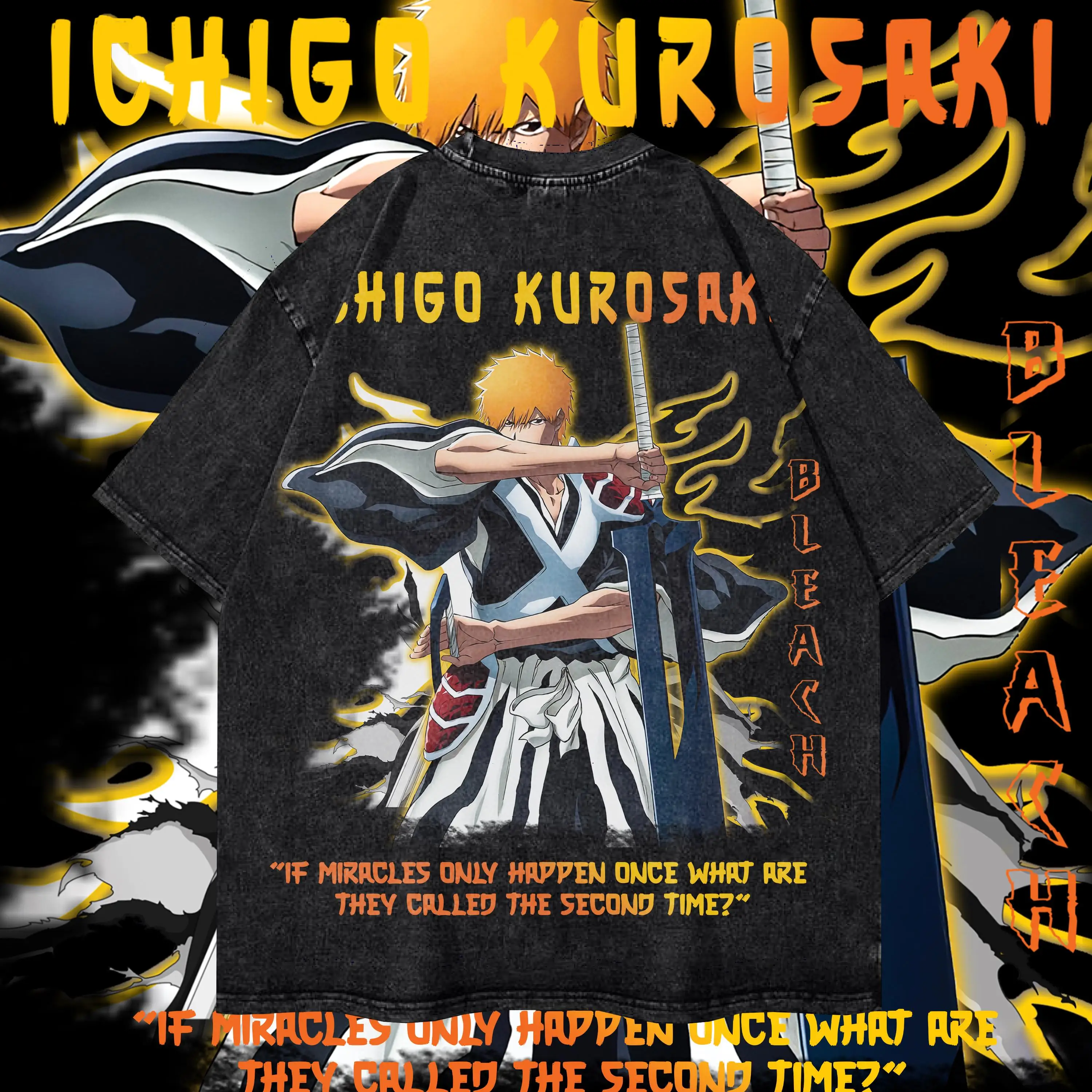 أنيمي بليتش تي شيرت المتضخم خمر غسلها Zaraki Kenpachi تي شيرت ريترو Harajuku Ichigo Rukia بلايز تيز رجل 100% قطن