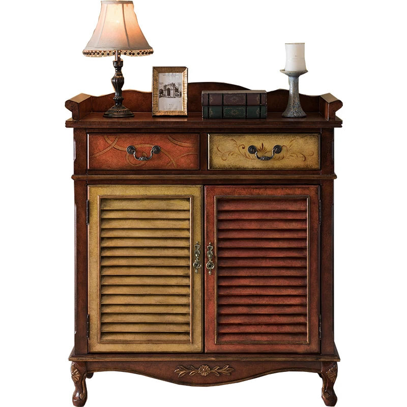 American retro entrance cabinet wine cabinet, old living room dining side tea cabinet, storage hollow decorative