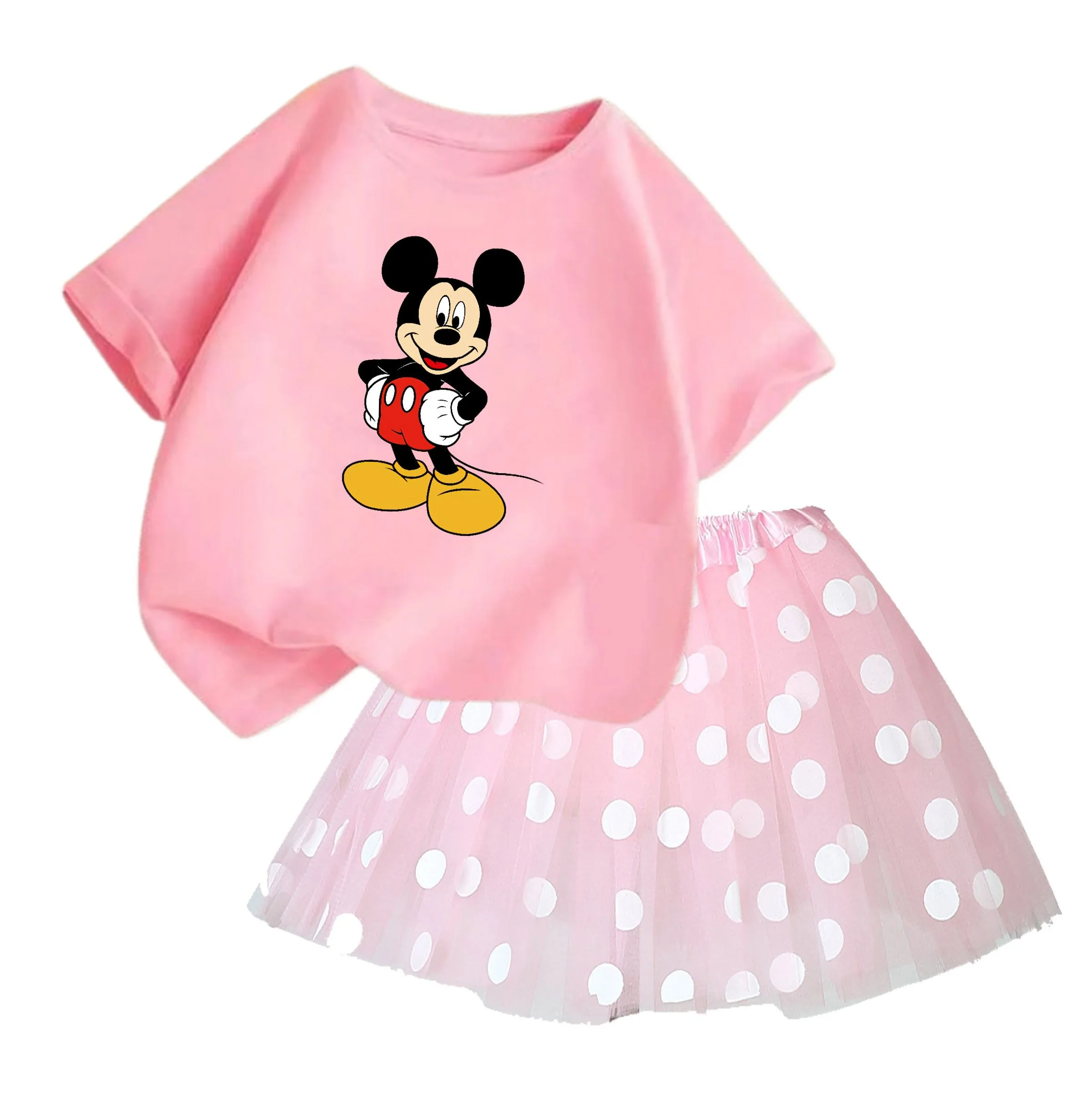 Summer Girls Disney Short Sleeve Top + Gauze Skirt Set Cartoon Cute Girls Princess Skirt Set Casual Set Girls Pompadour Skirt