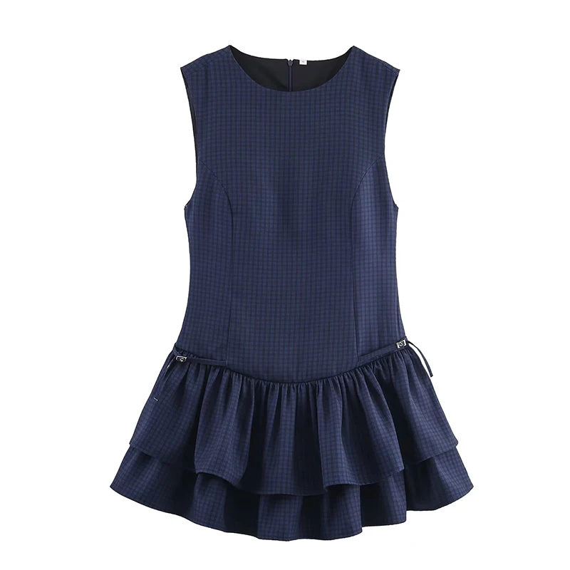 Vestido curto feminino moda xadrez impressão em camadas decoração o pescoço sem mangas vestidos femininos elegantes vestidos de festa