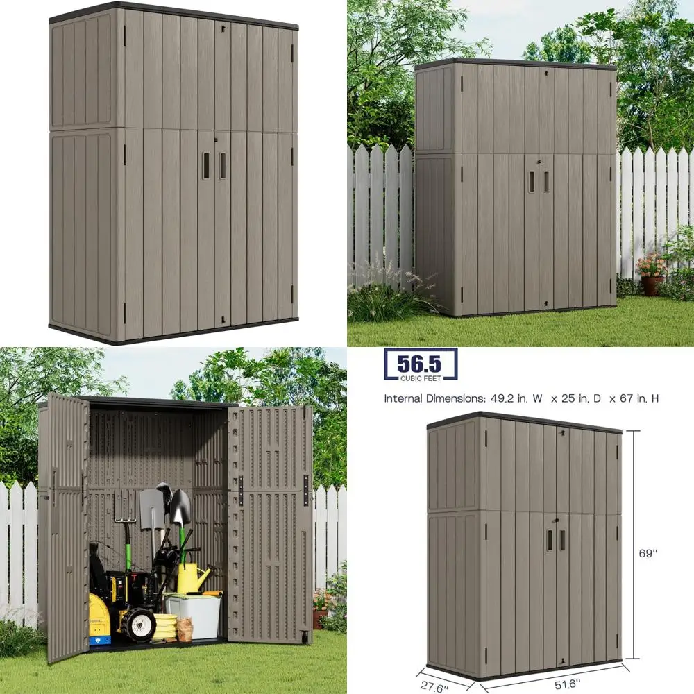 

Waterproof Resin Outdoor Storage Cabinet, 57 Cubic Feet Vertical Shed for Patio Furniture, Garden Tools, Pool Accessories