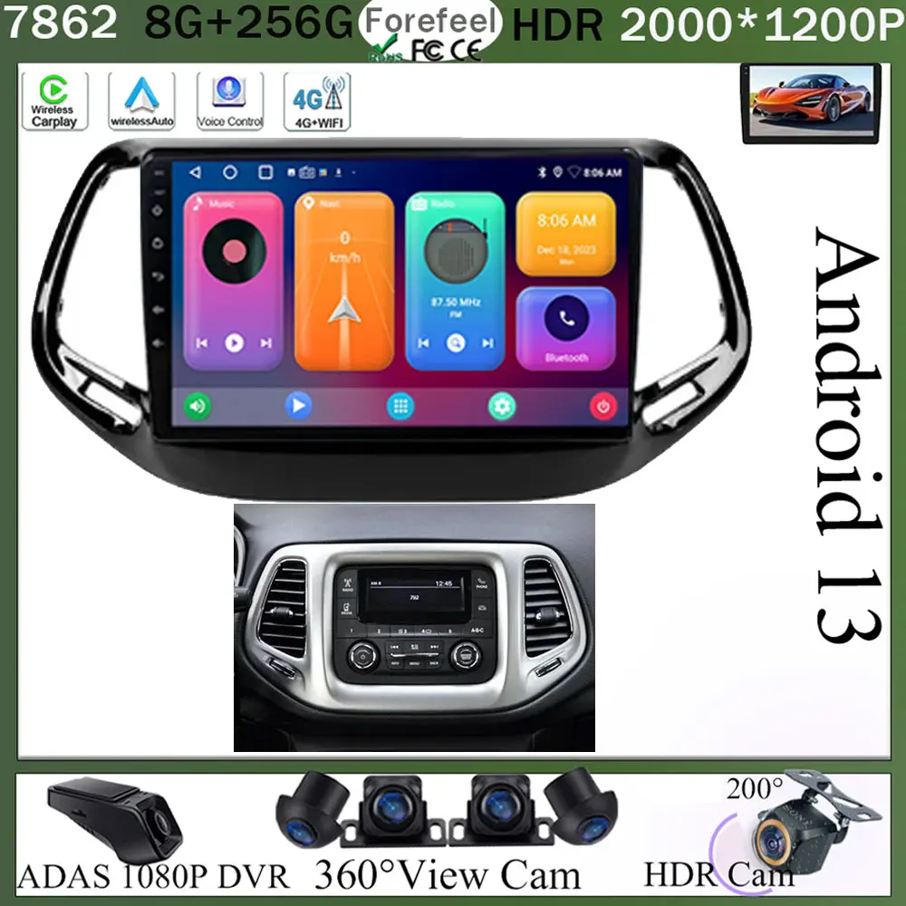 

Android For Jeep Compass 2 MP 2016 2017 2018 2019 Car Radio Multimedia Navigation Cooling Fan QLED IPS Screen NO 2 DIN DVD BT 5G